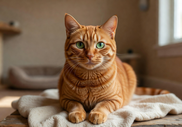 A beautiful ginger cat with emerald green eyes gazing warmly at the camera, representing the spirit of Luna Paws Shelter