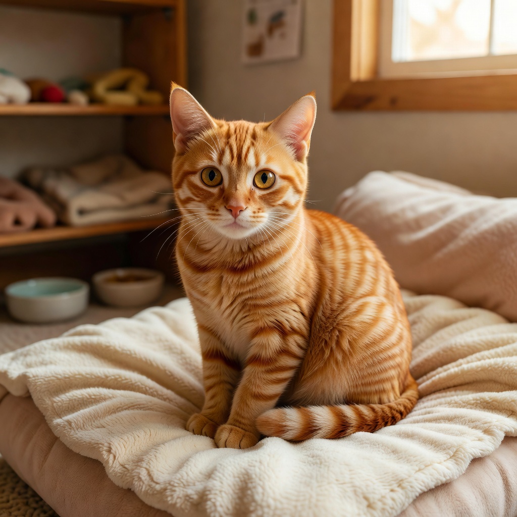 Adorable orange tabby cat looking directly at camera with warm golden eyes in a cozy shelter setting