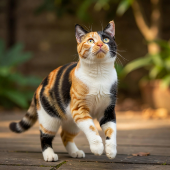 Beautiful calico cat with distinct orange, black, and white markings looking up playfully