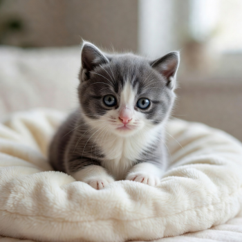 Cute grey and white kitten peering curiously over a soft blanket edge