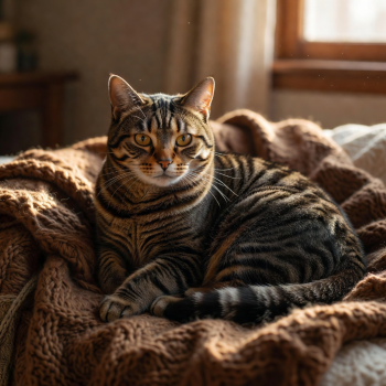 Dignified senior tabby cat with amber eyes resting comfortably on a warm blanket