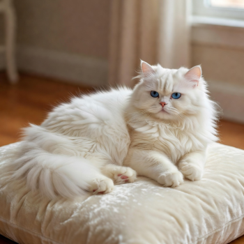 Fluffy white Persian cat with bright blue eyes resting on a soft pink blanket