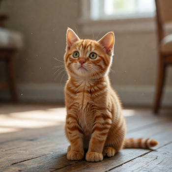 Playful orange tabby kitten sitting upright with wide curious eyes and perky ears