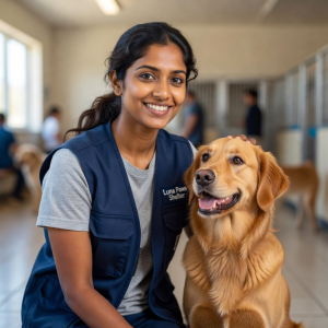 Portrait of Aisha Patel, volunteer coordinator at Luna Paws Shelter, a bright-eyed woman with a welcoming smile