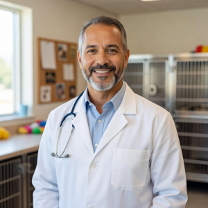Portrait of Dr. James Rivera, head veterinarian at Luna Paws Shelter, a friendly man in professional attire