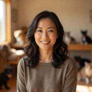 Portrait of Maria Chen, founder and director of Luna Paws Shelter, a warm-smiling woman with dark hair
