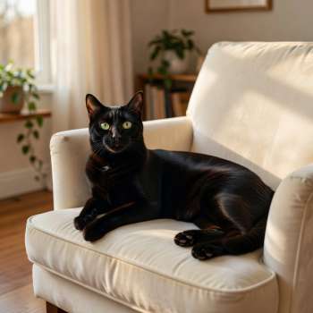 Sleek black cat with striking green eyes lounging elegantly on a cream-colored surface