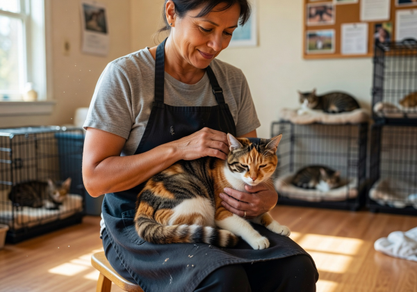Volunteer gently holding and petting a rescued calico cat at Luna Paws Shelter